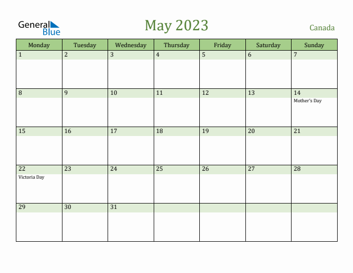 May 2023 Calendar with Canada Holidays