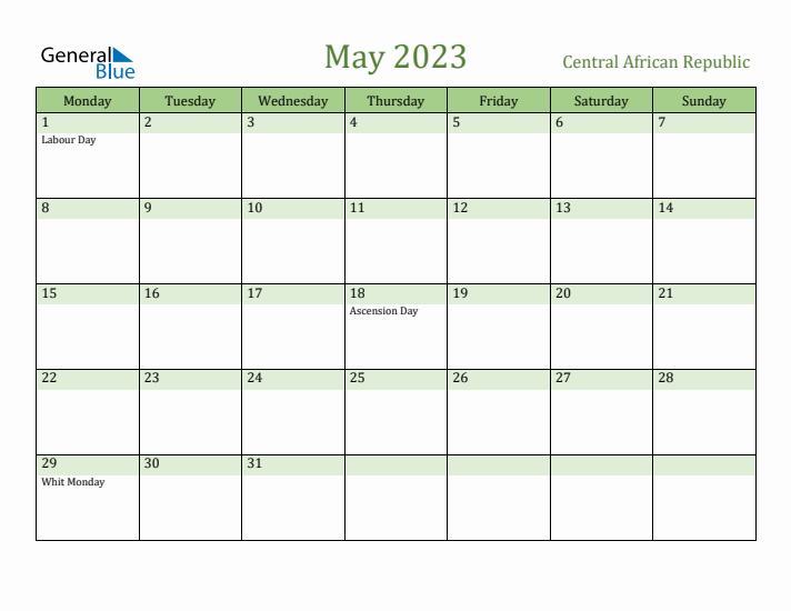 May 2023 Calendar with Central African Republic Holidays