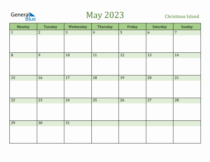 May 2023 Calendar with Christmas Island Holidays