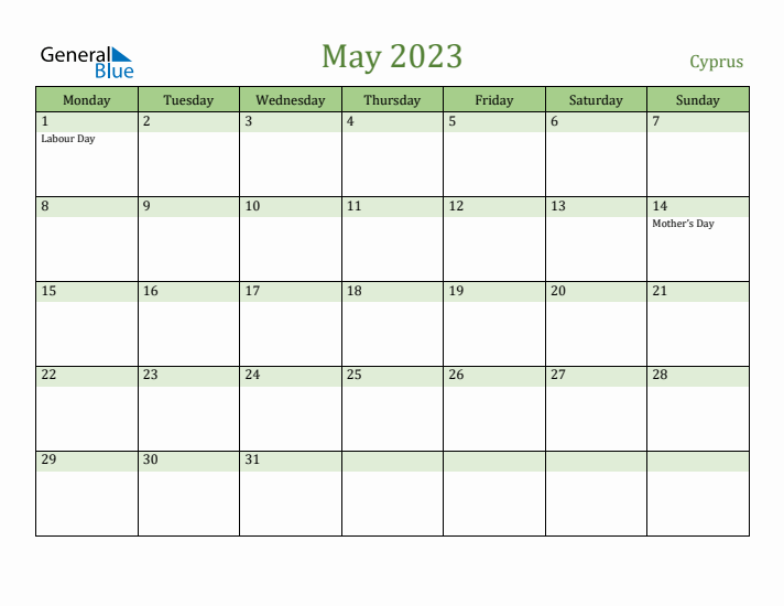 May 2023 Calendar with Cyprus Holidays