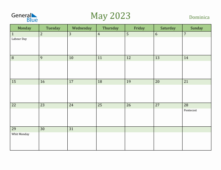 May 2023 Calendar with Dominica Holidays