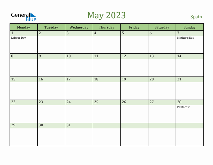 May 2023 Calendar with Spain Holidays