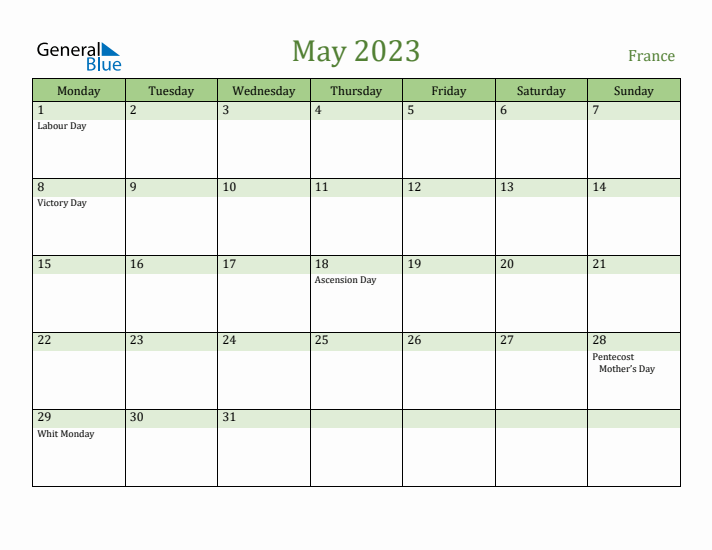 May 2023 Calendar with France Holidays