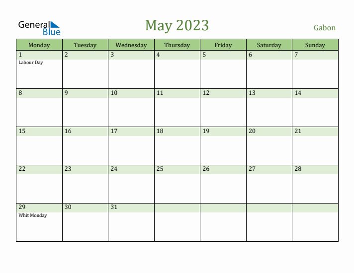 May 2023 Calendar with Gabon Holidays