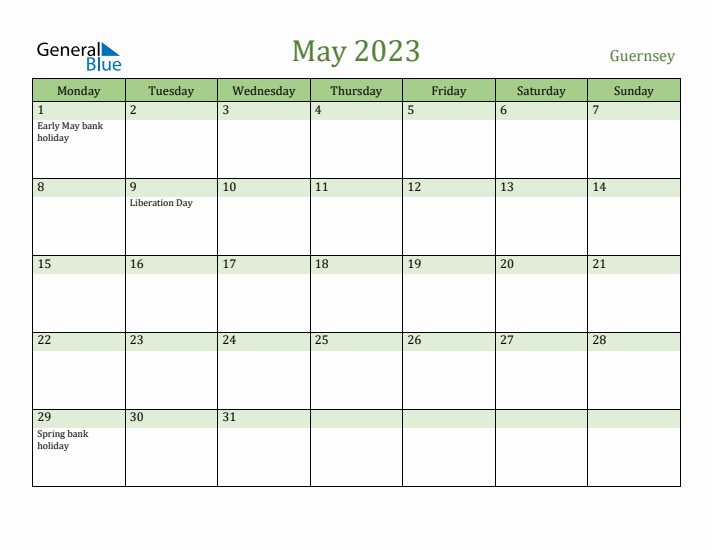 May 2023 Calendar with Guernsey Holidays