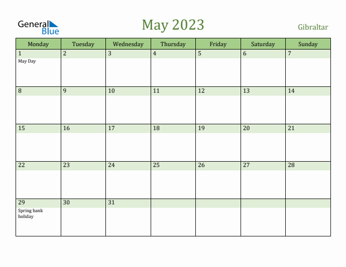 May 2023 Calendar with Gibraltar Holidays