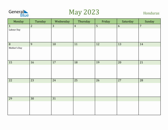 May 2023 Calendar with Honduras Holidays