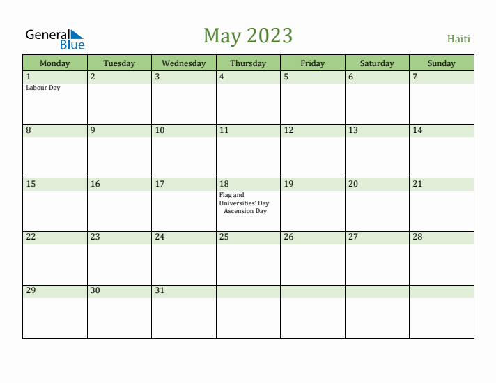 May 2023 Calendar with Haiti Holidays