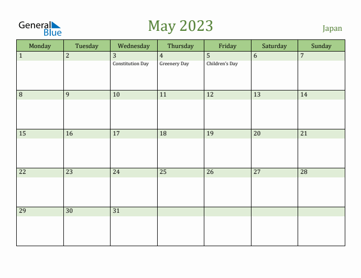 May 2023 Calendar with Japan Holidays