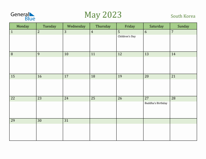 May 2023 Calendar with South Korea Holidays