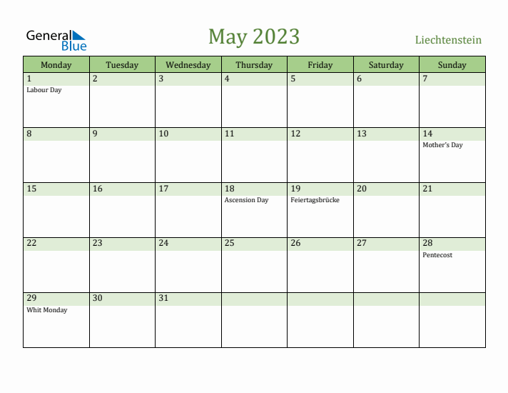 May 2023 Calendar with Liechtenstein Holidays