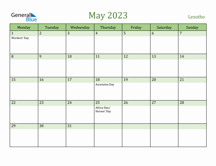 May 2023 Calendar with Lesotho Holidays