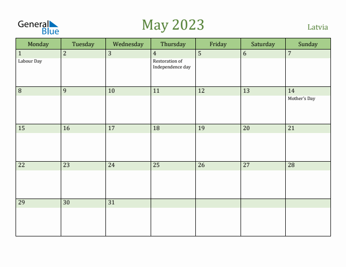 May 2023 Calendar with Latvia Holidays