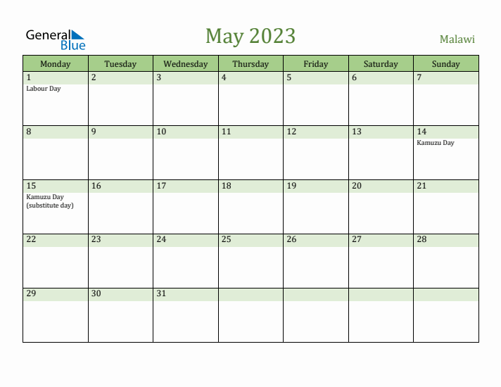 May 2023 Calendar with Malawi Holidays