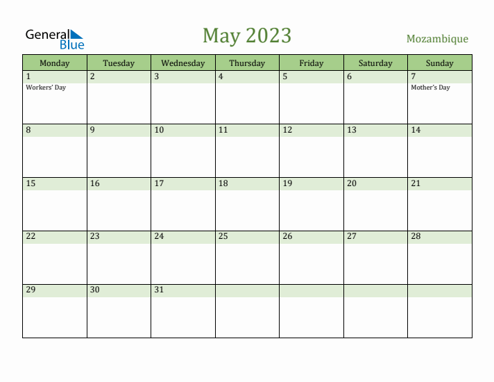 May 2023 Calendar with Mozambique Holidays