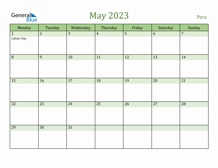 May 2023 Calendar with Peru Holidays