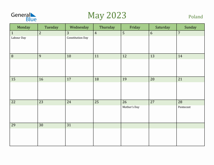 May 2023 Calendar with Poland Holidays