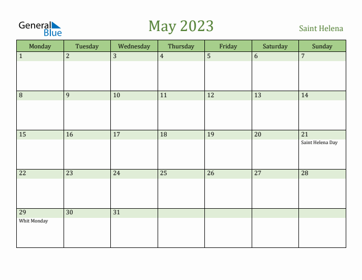 May 2023 Calendar with Saint Helena Holidays