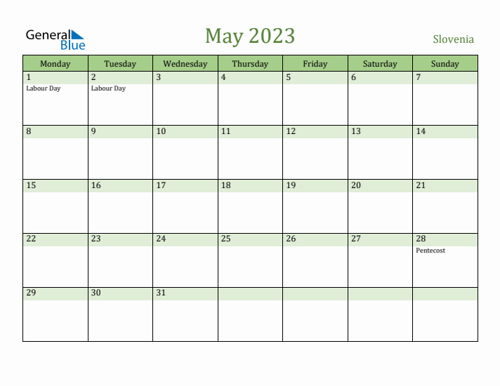 May 2023 Calendar with Slovenia Holidays