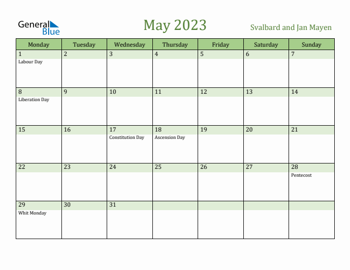 May 2023 Calendar with Svalbard and Jan Mayen Holidays