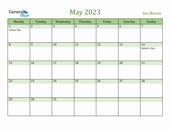 May 2023 Calendar with San Marino Holidays