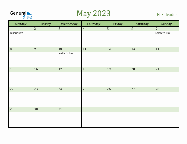 May 2023 Calendar with El Salvador Holidays