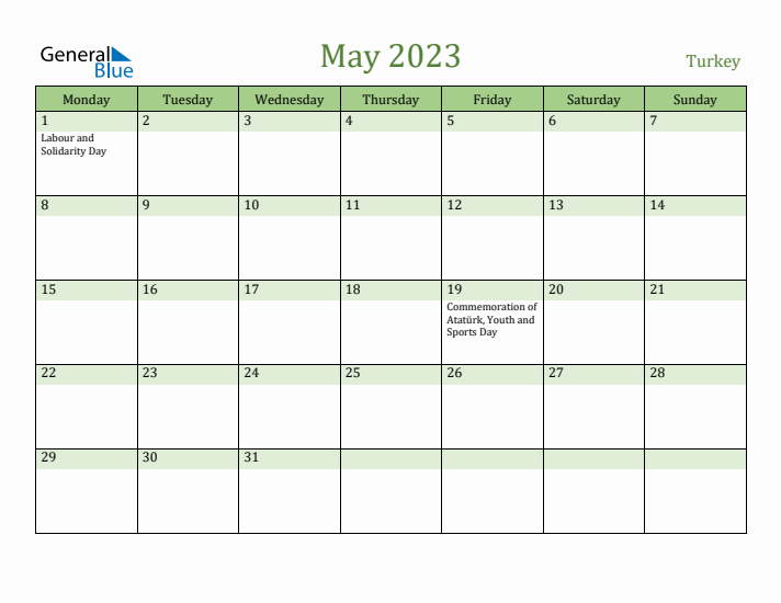 May 2023 Calendar with Turkey Holidays