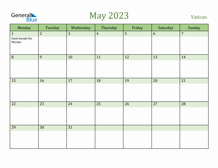 May 2023 Calendar with Vatican Holidays