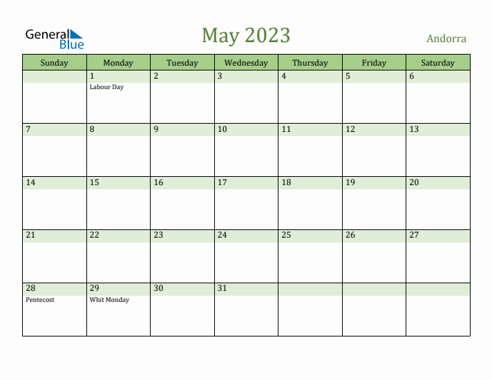 May 2023 Calendar with Andorra Holidays