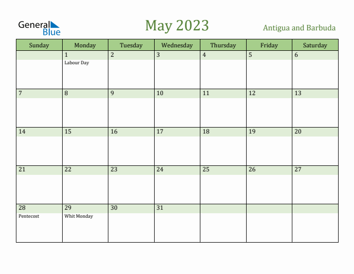 May 2023 Calendar with Antigua and Barbuda Holidays