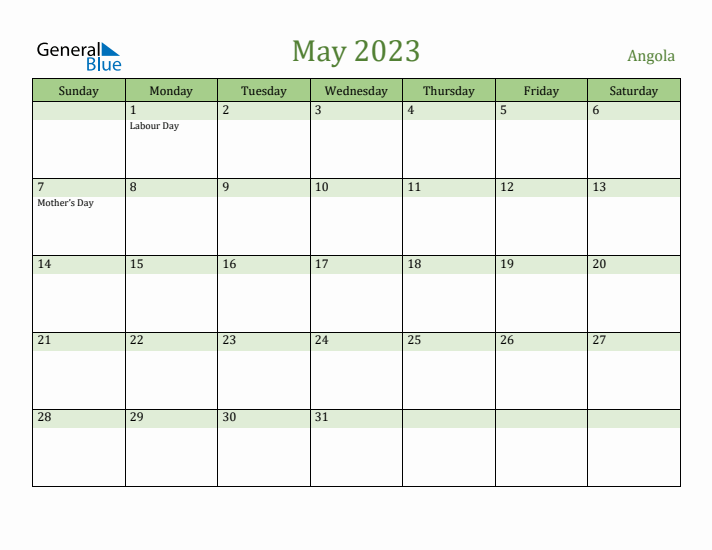 May 2023 Calendar with Angola Holidays