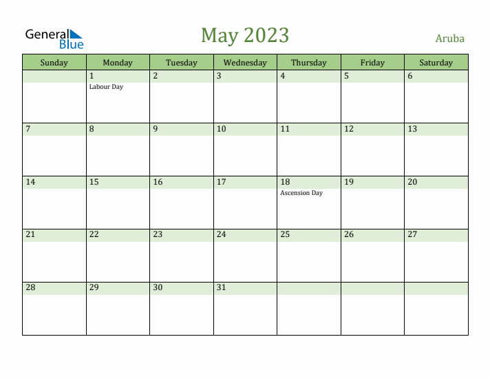 May 2023 Calendar with Aruba Holidays