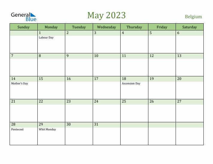 May 2023 Calendar with Belgium Holidays