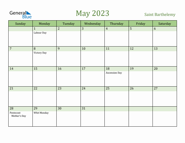 May 2023 Calendar with Saint Barthelemy Holidays