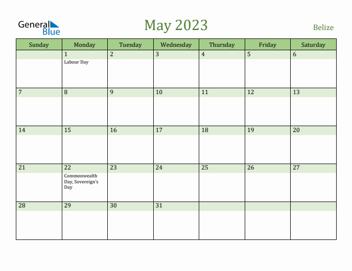 May 2023 Calendar with Belize Holidays