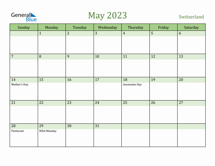 May 2023 Calendar with Switzerland Holidays