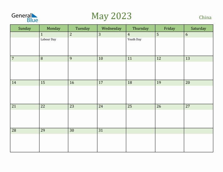 May 2023 Calendar with China Holidays