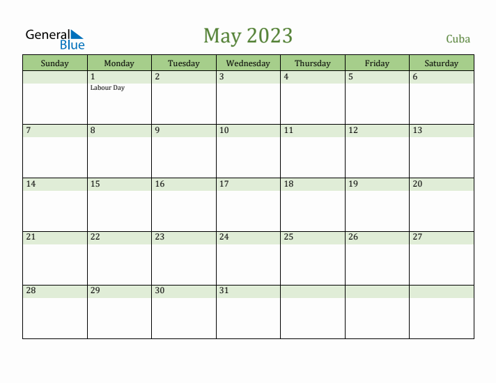 May 2023 Calendar with Cuba Holidays