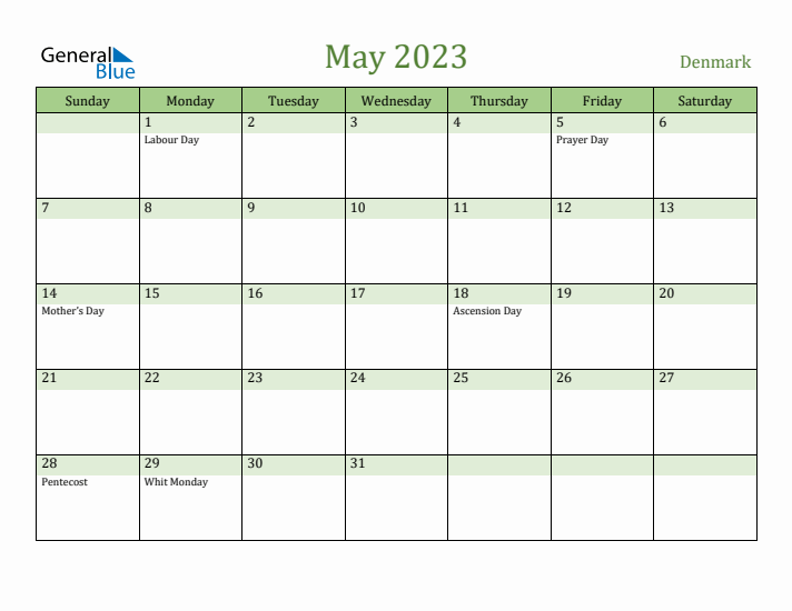 May 2023 Calendar with Denmark Holidays