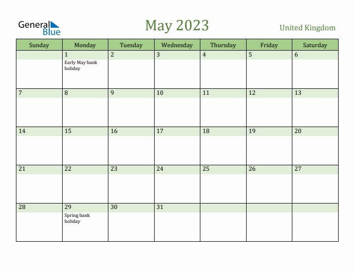 May 2023 Calendar with United Kingdom Holidays