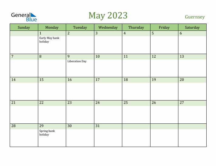 May 2023 Calendar with Guernsey Holidays