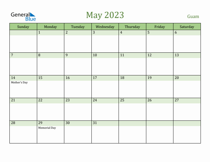 May 2023 Calendar with Guam Holidays