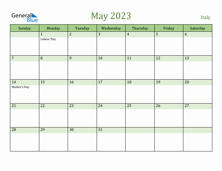 May 2023 Calendar with Italy Holidays