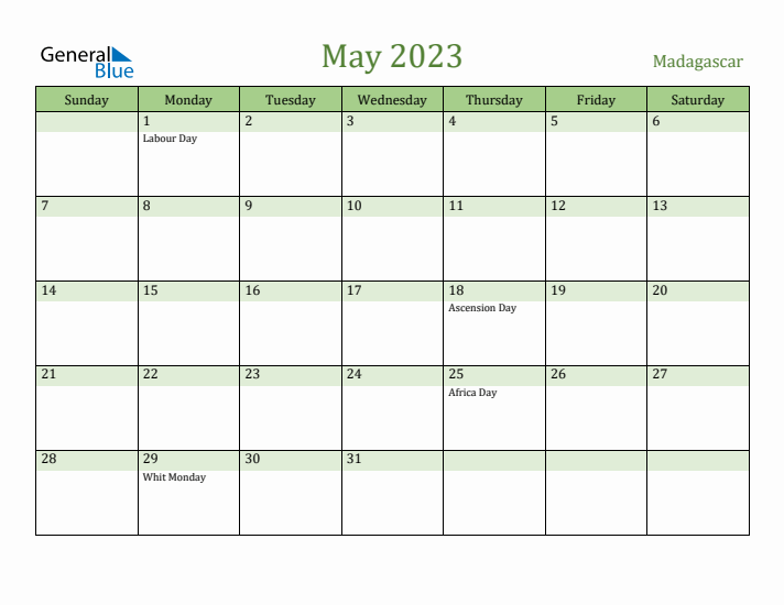 May 2023 Calendar with Madagascar Holidays