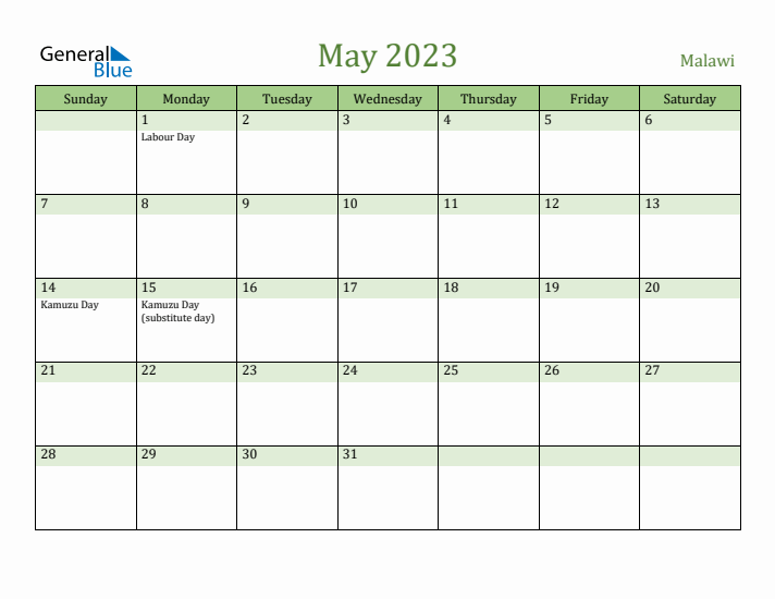 May 2023 Calendar with Malawi Holidays