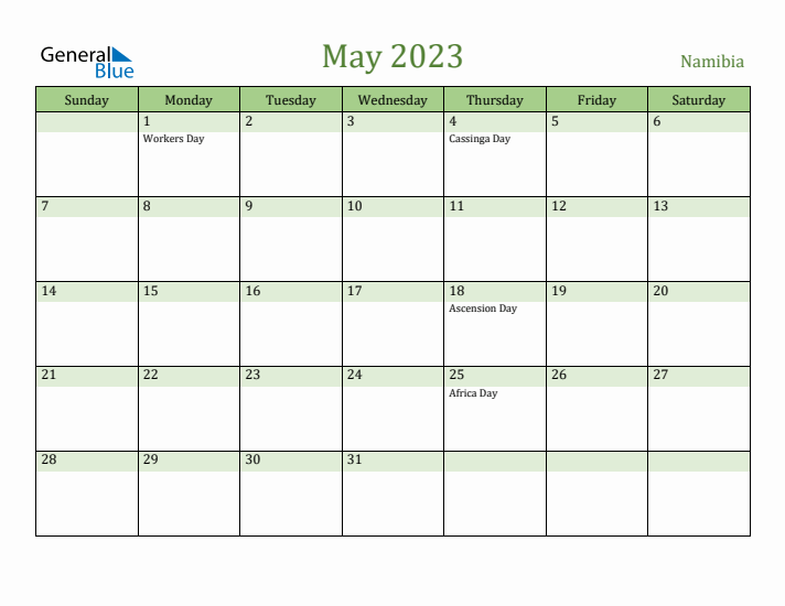 May 2023 Calendar with Namibia Holidays