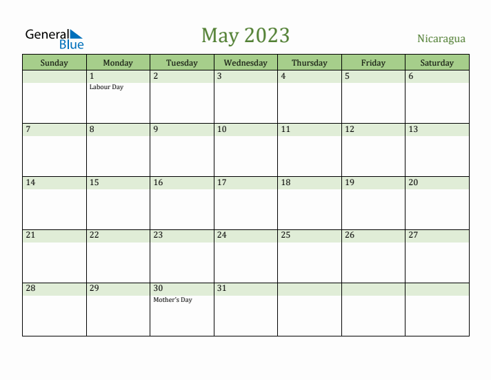 May 2023 Calendar with Nicaragua Holidays