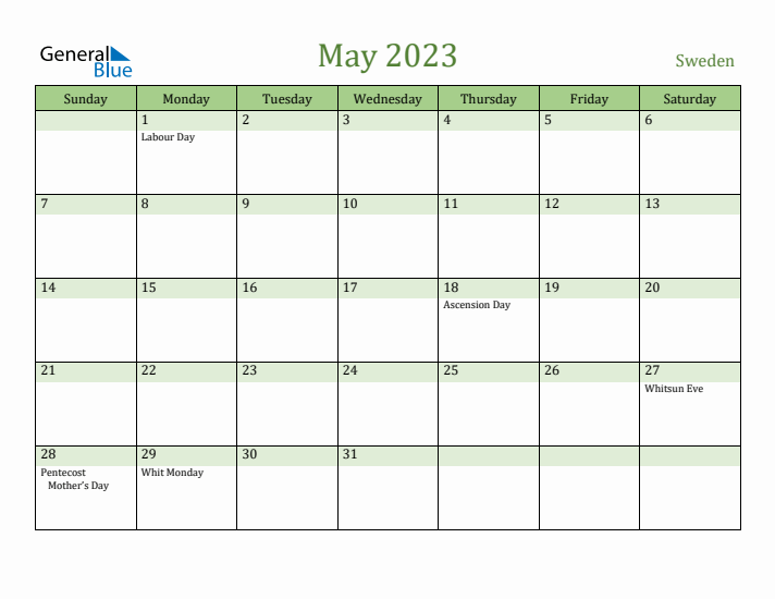 May 2023 Calendar with Sweden Holidays