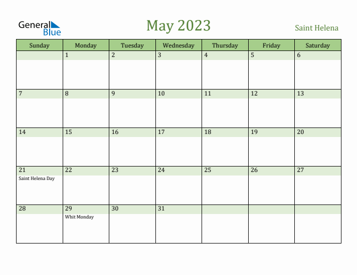 May 2023 Calendar with Saint Helena Holidays