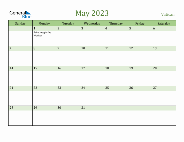 May 2023 Calendar with Vatican Holidays